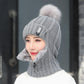 Winter Outdoor Winddicht Wollstrickmütze  für Frauen, Winddichte Bommelmütze mit Schlauchschal