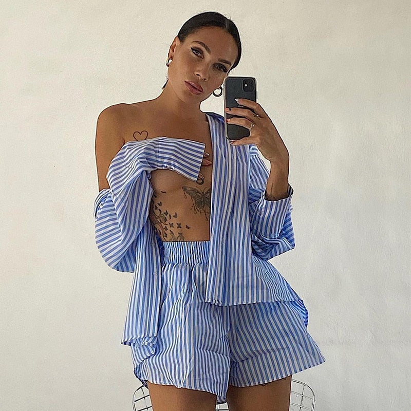 Kryptographische Mode lässig gestreiften Bluse Shirts und Shorts, Top Sommeroutfits für junge Damen