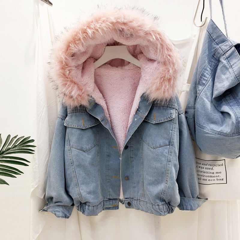 2022 Samt dicke Jeansjacke, weiblicher Winter großer Kunstpelzkragen