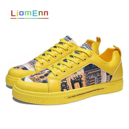 Graffiti Gelb Weiß Sneakers für Frauen, Flache Sport- und Freizeitschuhe, style Vulkanisiert