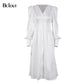 Bclout Elegant Satin Single-Breasted Shirt Dress Fashion Beige Slim V Neck Long Dresses Woman Latern Sleeve Autumn Winter Robe