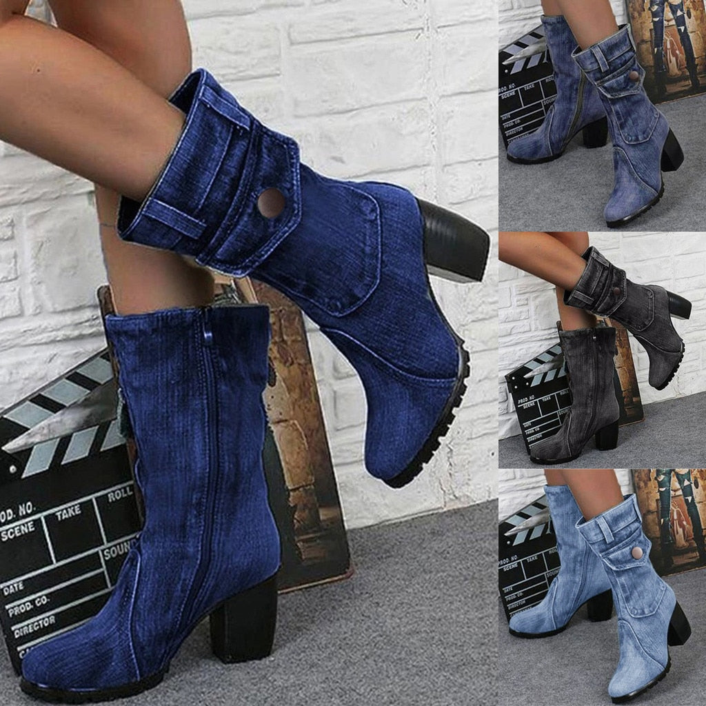 Blaue Jeansstiefel Damen Mid-Rise Rome Solid Slip-On Chunky Med Heels Boots Wild Vintage Large Size Damenschuhe