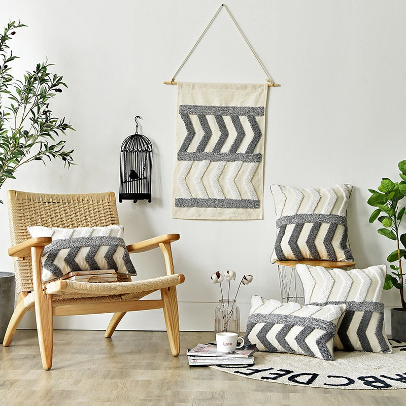 Kissenbezug 30x50cm/45x45cm Grau Elfenbein Stickerei Marokkanischer Stil Zickzack
