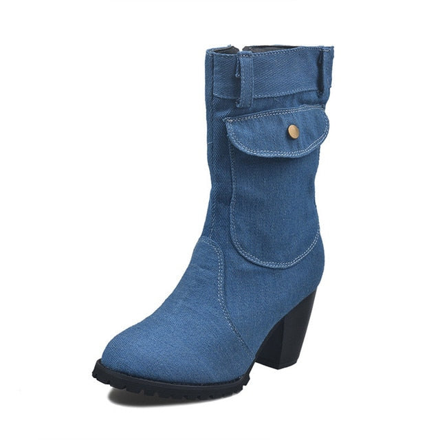 Blaue Jeansstiefel Damen Mid-Rise Rome Solid Slip-On Chunky Med Heels Boots Wild Vintage Large Size Damenschuhe