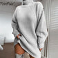 Damen Rollkragen Langarm-Pullover-Kleid für Herbst & Winter, Lose Tunika Gestrickte Lässige Kleidung