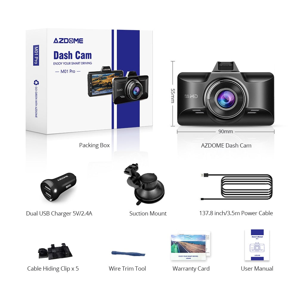 AZDOME M01 Pro FHD 1080P Dash Cam 3 Zoll DVR Autofahren Recorder Nachtsicht, Park Monitor, G-Sensor, Loop-Aufnahme für Uber