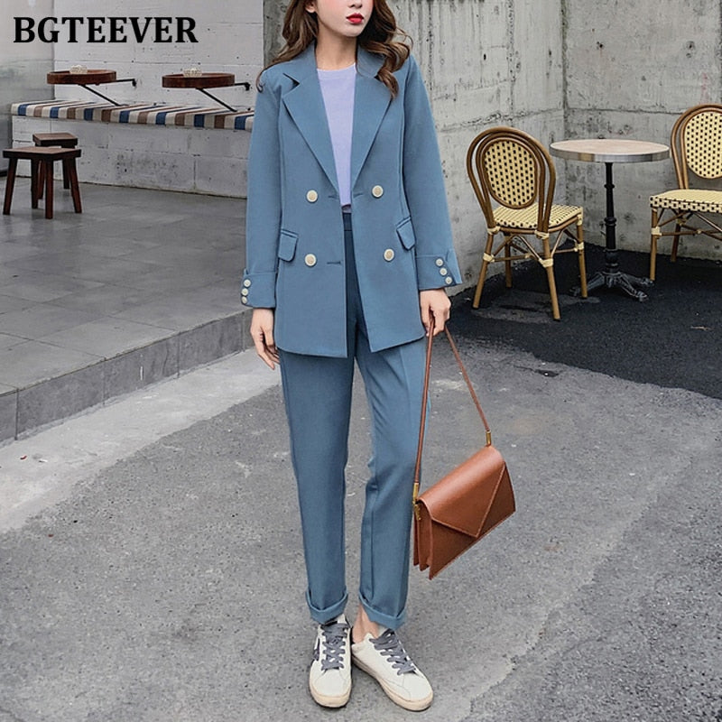 Damenmode Langarm zweireiher Blazer Anzug, Blazer Hosenanzug für Bürodamen