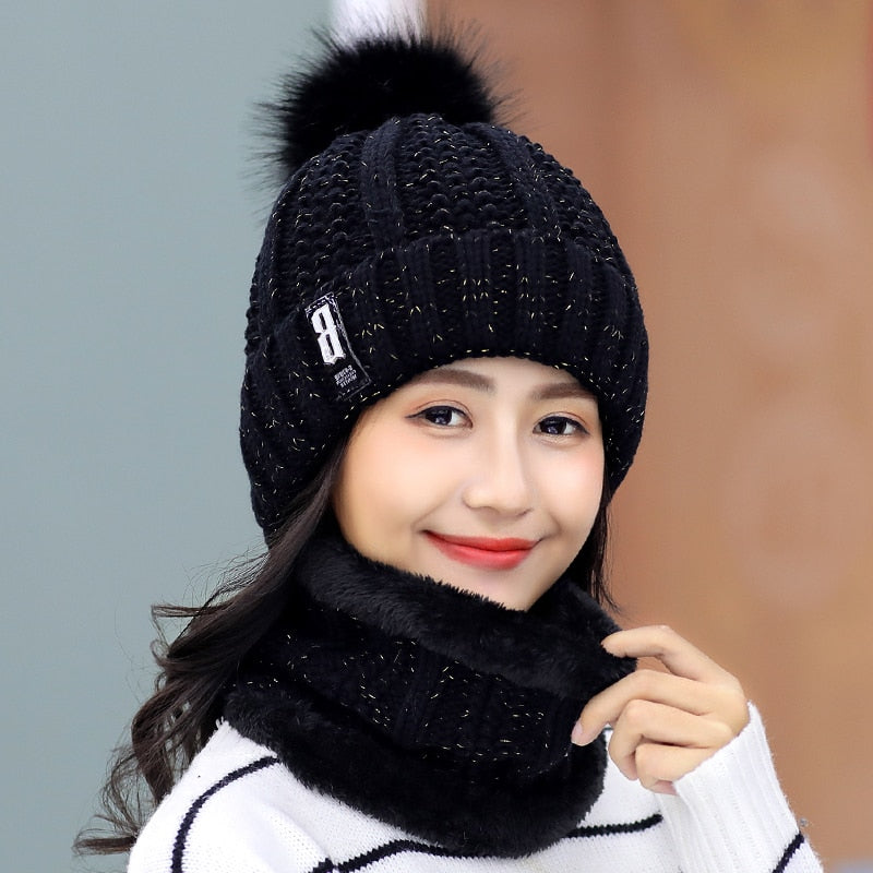 Winter Outdoor Winddicht Wollstrickmütze  für Frauen, Winddichte Bommelmütze mit Schlauchschal