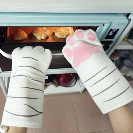 Ofenhandschuhe mit Cartoon-Motiv, 3D-Katzenpfoten, hitzebeständig, rutschfest, Backhandschuhe, lange Baumwoll-Küchen- und Mikrowellen-Isolierhandschuhe