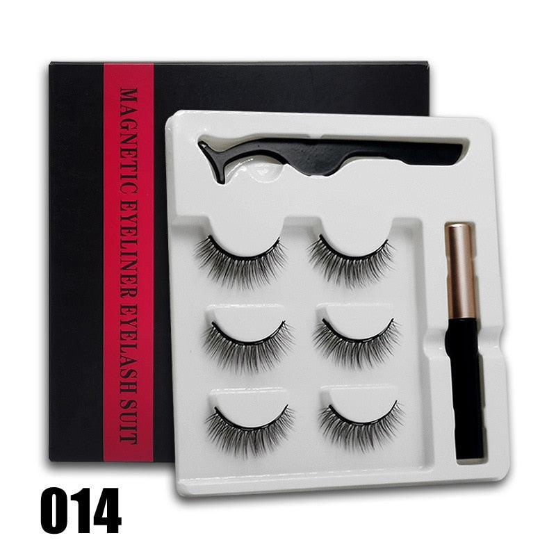 3 Paar 3D-magnetische Wimpern und flüssiger Eyeliner-Kit, natürlicher Look