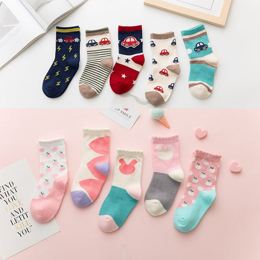 5 Paare/Los 1 bis 10 Jahre Frühling Herbst niedliche Kaninchensocken auf Mädchen, Mode Auto Muster Socken für Jungen weiche Kindersocke