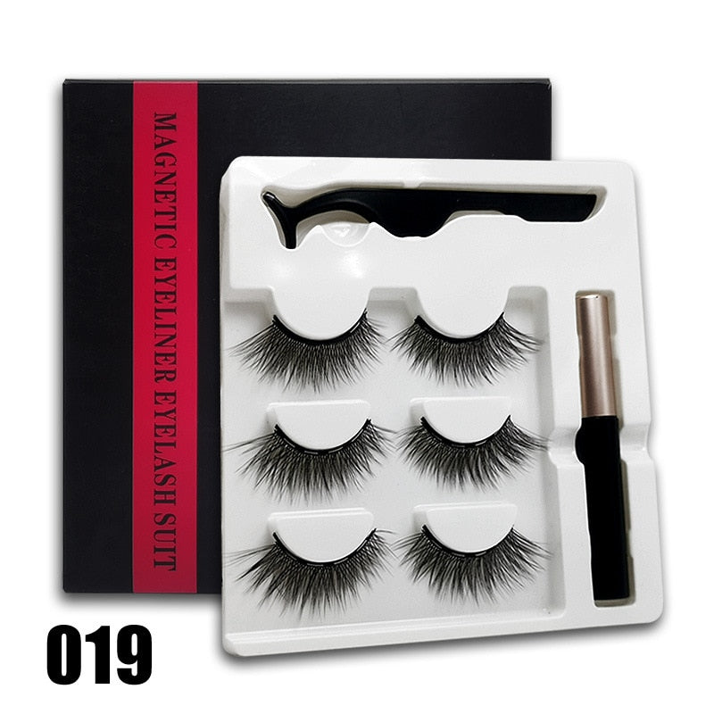 3 Paar 3D-magnetische Wimpern und flüssiger Eyeliner-Kit, natürlicher Look