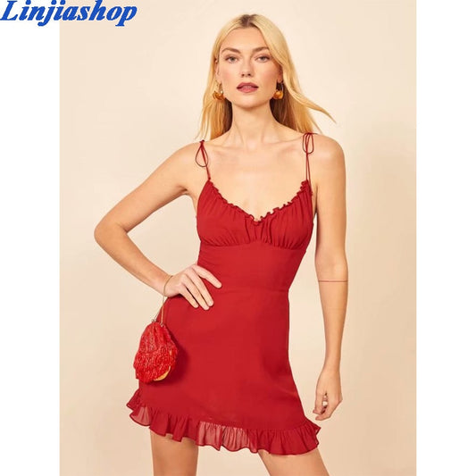 Verstellbares Retro Rüschen Minikleid für Frauen, Spaghettiträger rot schwarz elastisches Urlaubsmode