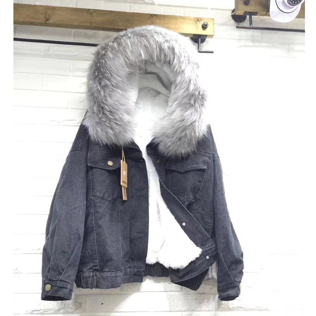 2022 Samt dicke Jeansjacke, weiblicher Winter großer Kunstpelzkragen
