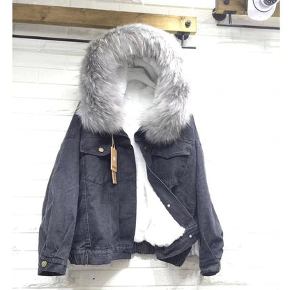 2022 Samt dicke Jeansjacke, weiblicher Winter großer Kunstpelzkragen