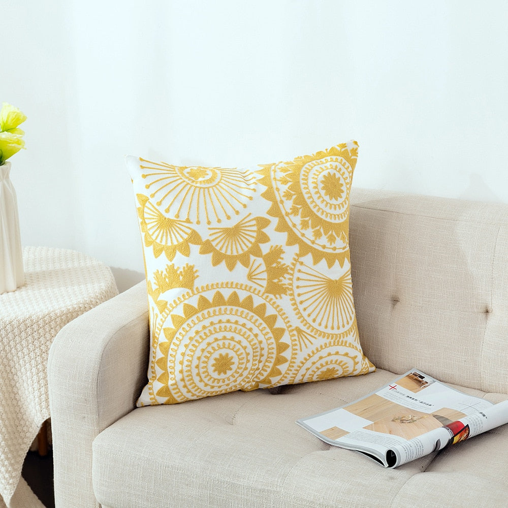 Kissenbezug mit niedlicher floraler geometrischer Stickerei, grün-gelber Kissenbezug für Sofa, Bett, schlichtes Zuhause, 45 x 45 cm