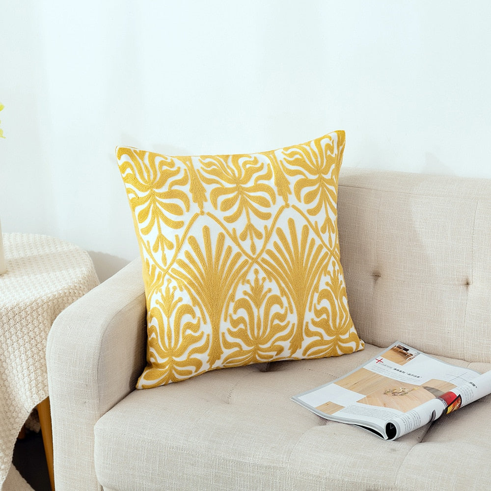 Kissenbezug mit niedlicher floraler geometrischer Stickerei, grün-gelber Kissenbezug für Sofa, Bett, schlichtes Zuhause, 45 x 45 cm