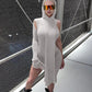 Enge gerippte Kapuze Streetwear-Baddie-Kleidung, Asymmetrische Midi-Kleider