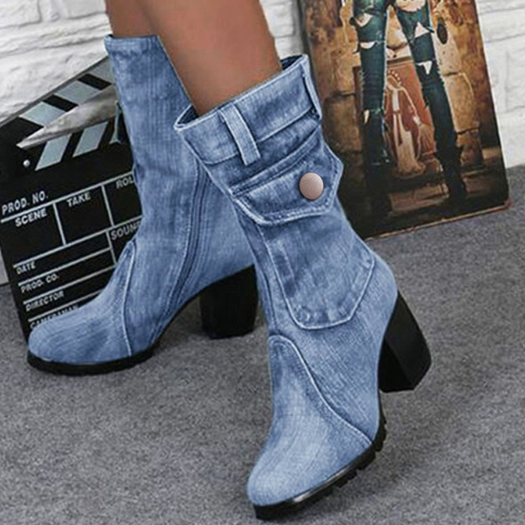 Blaue Jeansstiefel Damen Mid-Rise Rome Solid Slip-On Chunky Med Heels Boots Wild Vintage Large Size Damenschuhe