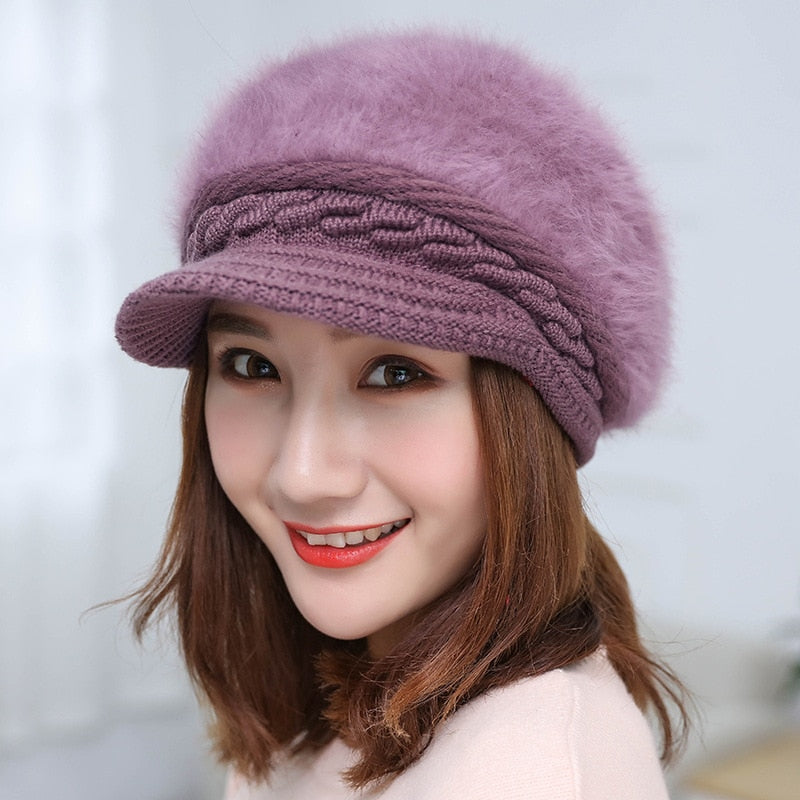New Fashion Winter Damen Kaninchenfell-Baskenmütze, solide flache Kappe, warme Ohrenschützer, gestrickte Wollmütze