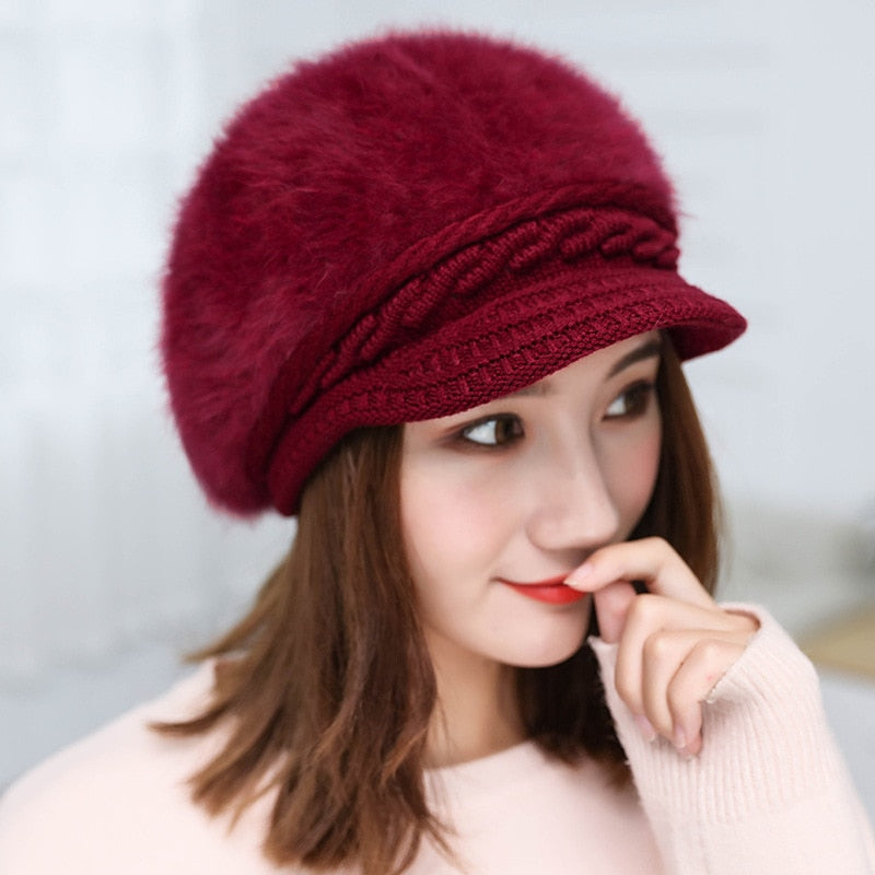 New Fashion Winter Damen Kaninchenfell-Baskenmütze, solide flache Kappe, warme Ohrenschützer, gestrickte Wollmütze