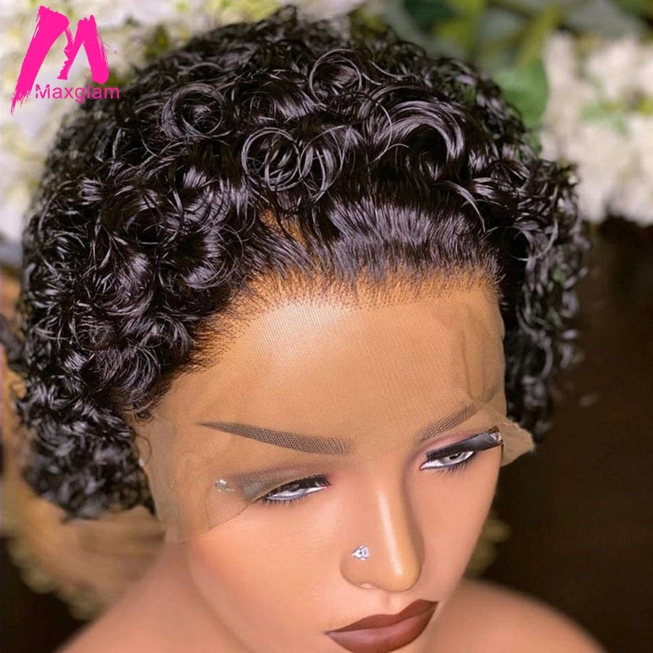 Pixie Cut Perücke 99J Burgunder Wasser Tiefe Welle Spitze Perücke Afro Lockig, Kurzer Bob Echthaar Perücken Natürliche Farbe