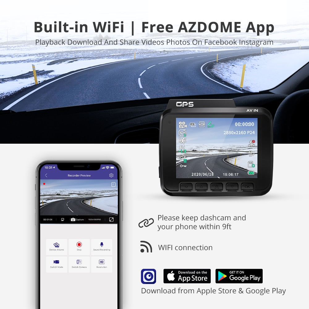AZDOME GS63H Nachtsichtkamera, Dash Cam Dual Lens 4K UHD, Aufnahme der gefahrenen Strecke beim Autofahren