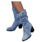 Blaue Jeansstiefel Damen Mid-Rise Rome Solid Slip-On Chunky Med Heels Boots Wild Vintage Large Size Damenschuhe