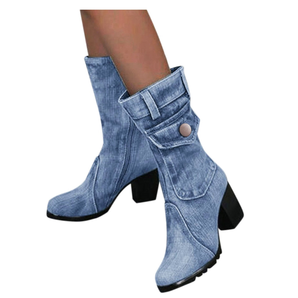 Blaue Jeansstiefel Damen Mid-Rise Rome Solid Slip-On Chunky Med Heels Boots Wild Vintage Large Size Damenschuhe