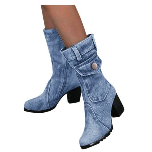 Blaue Jeansstiefel Damen Mid-Rise Rome Solid Slip-On Chunky Med Heels Boots Wild Vintage Large Size Damenschuhe