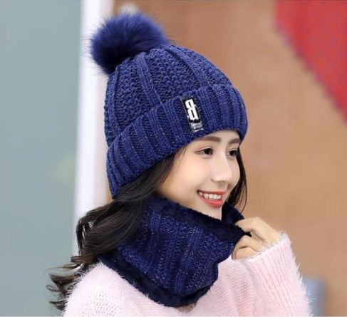 Winter Outdoor Winddicht Wollstrickmütze  für Frauen, Winddichte Bommelmütze mit Schlauchschal