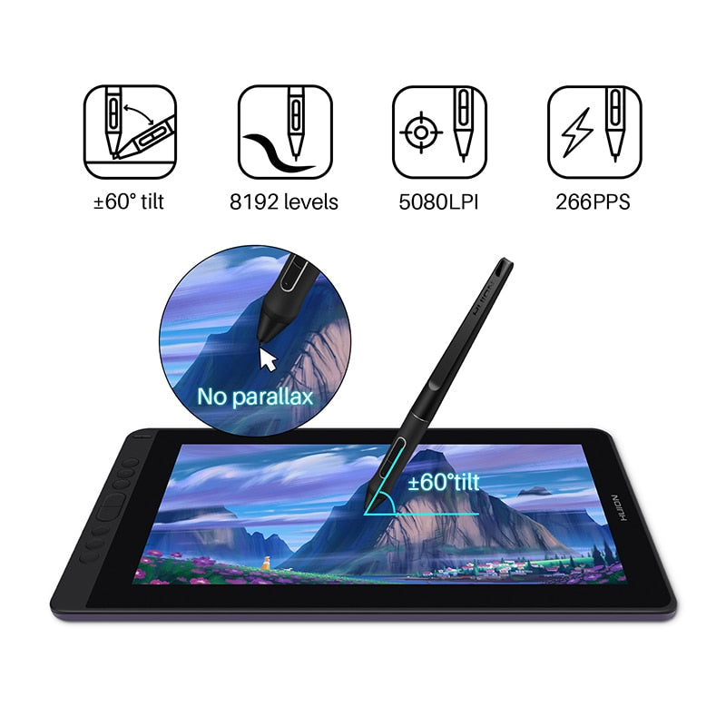 Huion Kamvas 13 Grafiktablett Monitor AG, Glasstift Display Zeichenmonitor 8192, Batterieloser Stylus für Android Windows MacOS