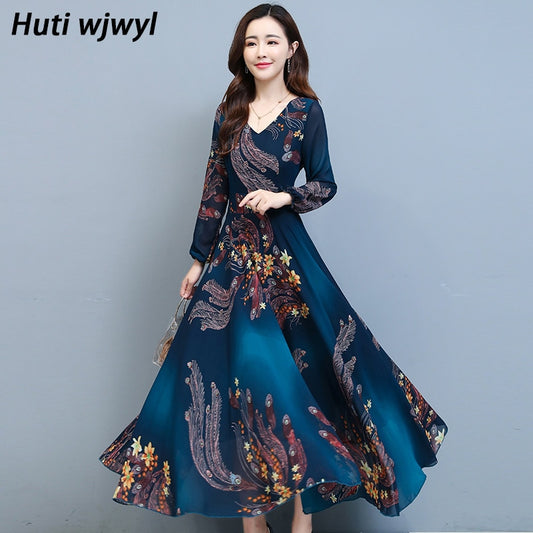 Herbst Winter Vintage Abendkleider, Floral Chiffon Langarm