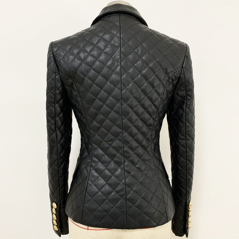 TOP QUALITÄT 2023 Damen Designerjacke Zweireihiger Löwe Knöpfe Gitter, Nähen Kunstleder Blazerst