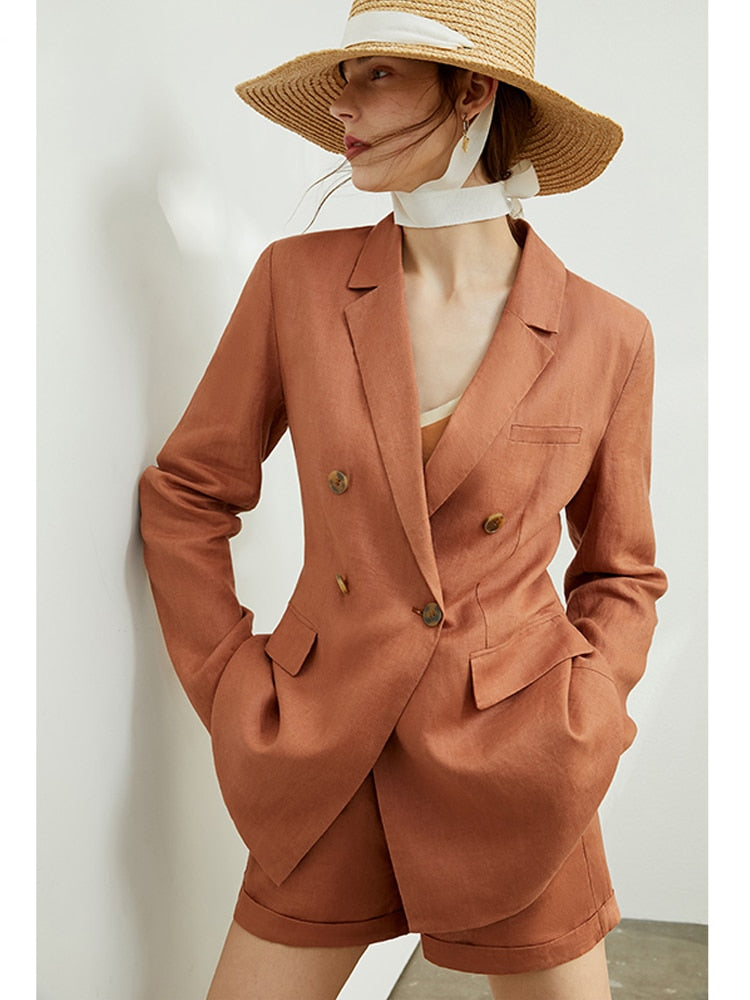 Damen Zweireihiger Anzug, Mantel Hohe Taille Solide Kurz & lange Hose