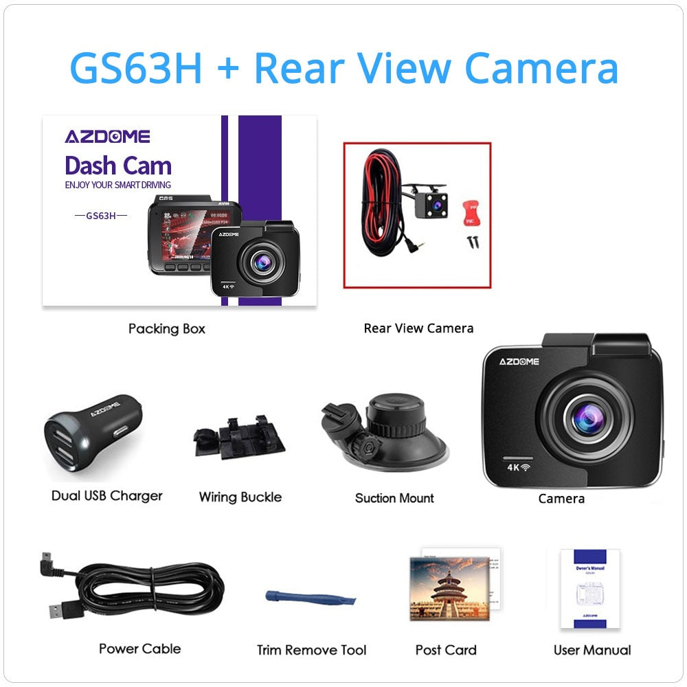 GS63H Auto-Dashcam 4K 2160P Dashcam Dual Lens Eingebauter GPS-DVR-Recorder