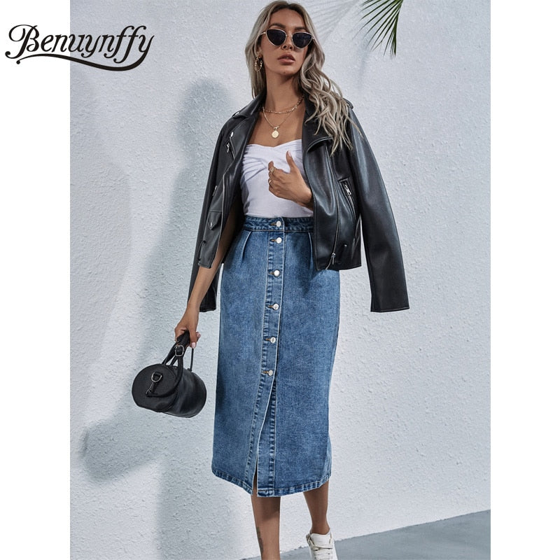 Einreihiger Knielanger Jeansrock für Damen
