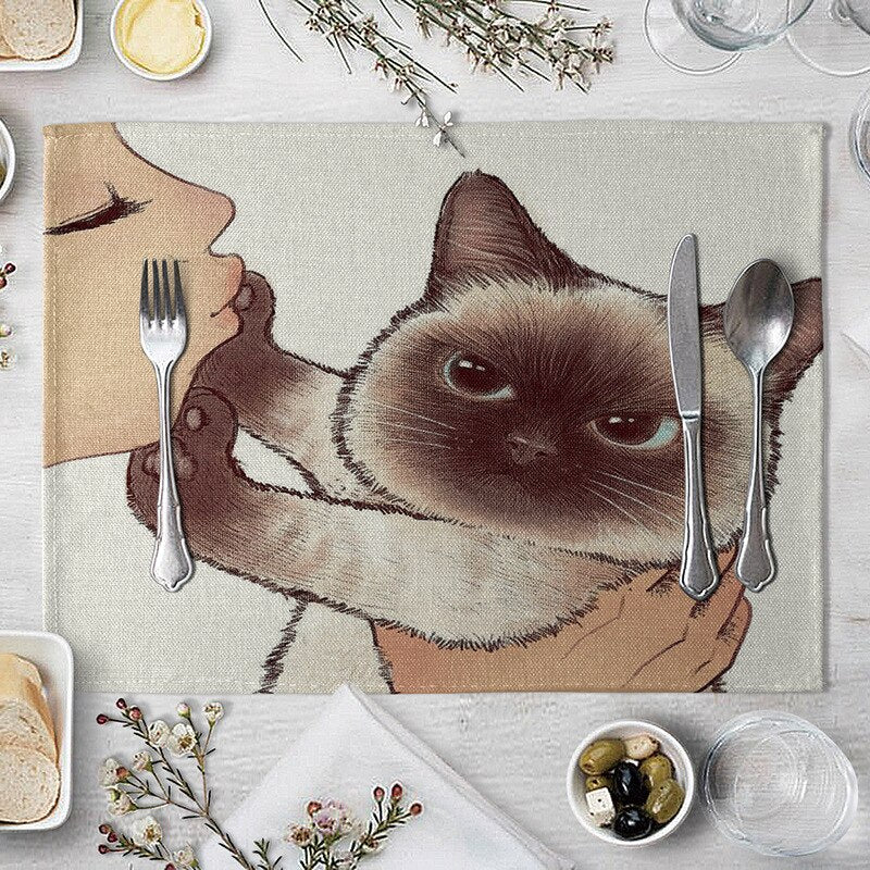 Abwaschbare Katzen Tischsets, Süße Katze Cartoon als Tiermuster