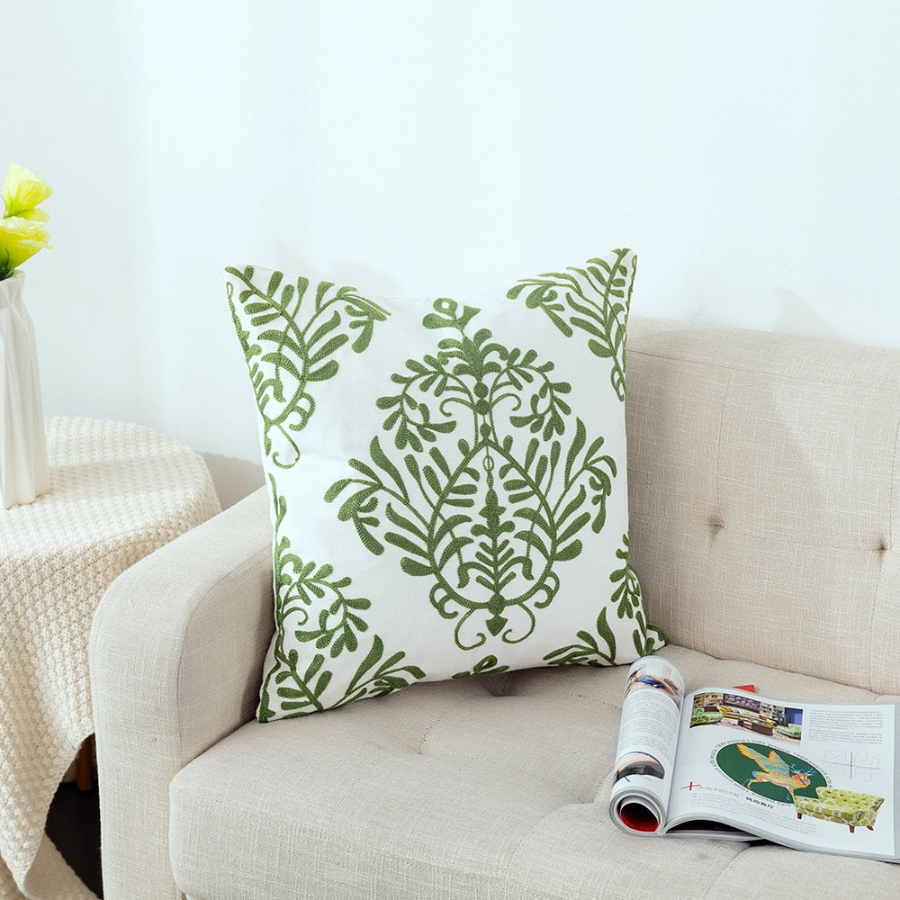 Kissenbezug mit niedlicher floraler geometrischer Stickerei, grün-gelber Kissenbezug für Sofa, Bett, schlichtes Zuhause, 45 x 45 cm