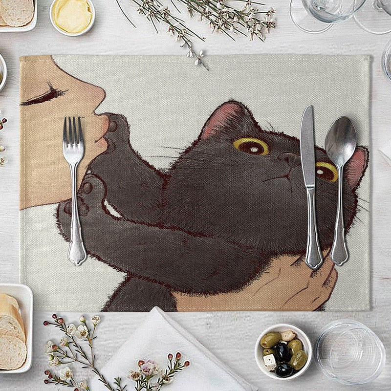 Abwaschbare Katzen Tischsets, Süße Katze Cartoon als Tiermuster