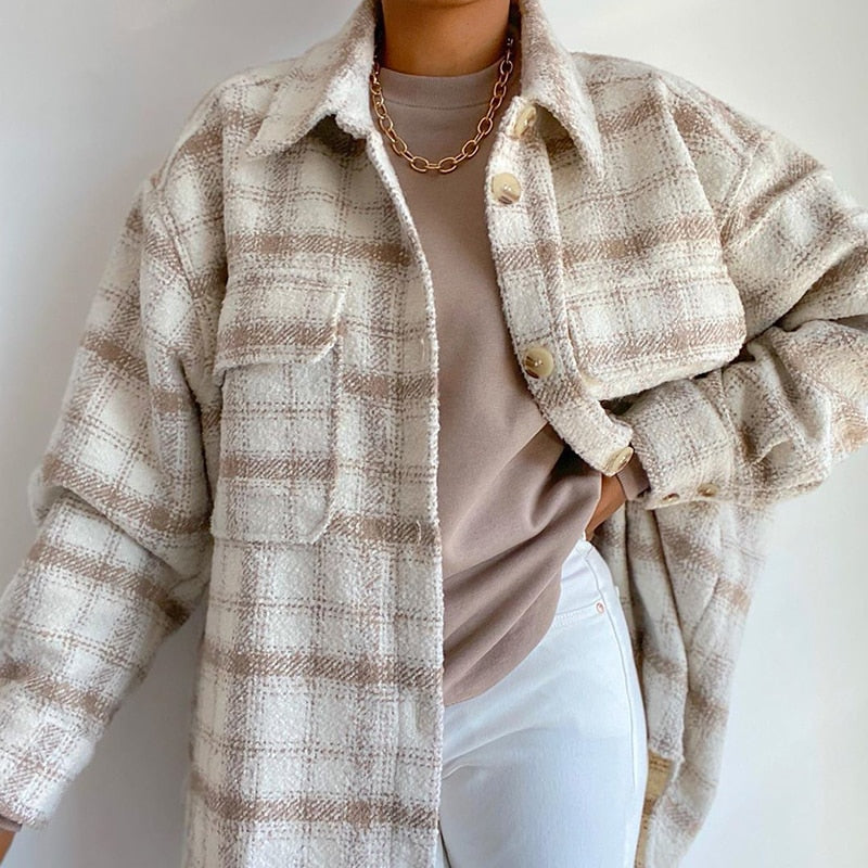 Damen Herbst Winter Mode Plaid Khaki Dicke Mäntel Oberhemd, Weibliche Stilvolle Taschen Plaid