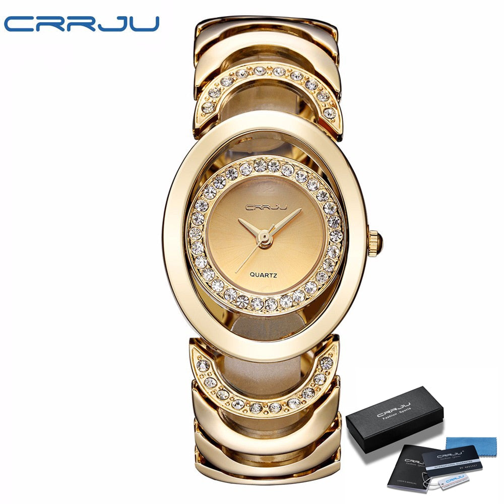 CRRJU Marke neue Mode Damen Armbanduhren, Luxus Gold Quarz Armbanduhren für Frauen