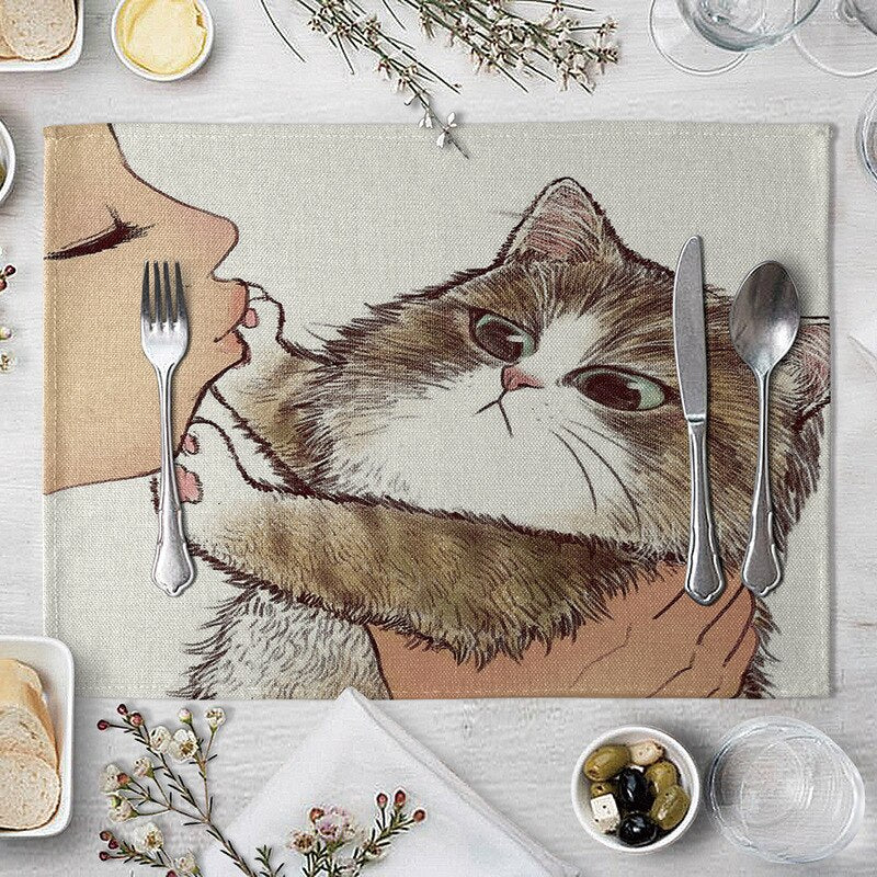 Abwaschbare Katzen Tischsets, Süße Katze Cartoon als Tiermuster