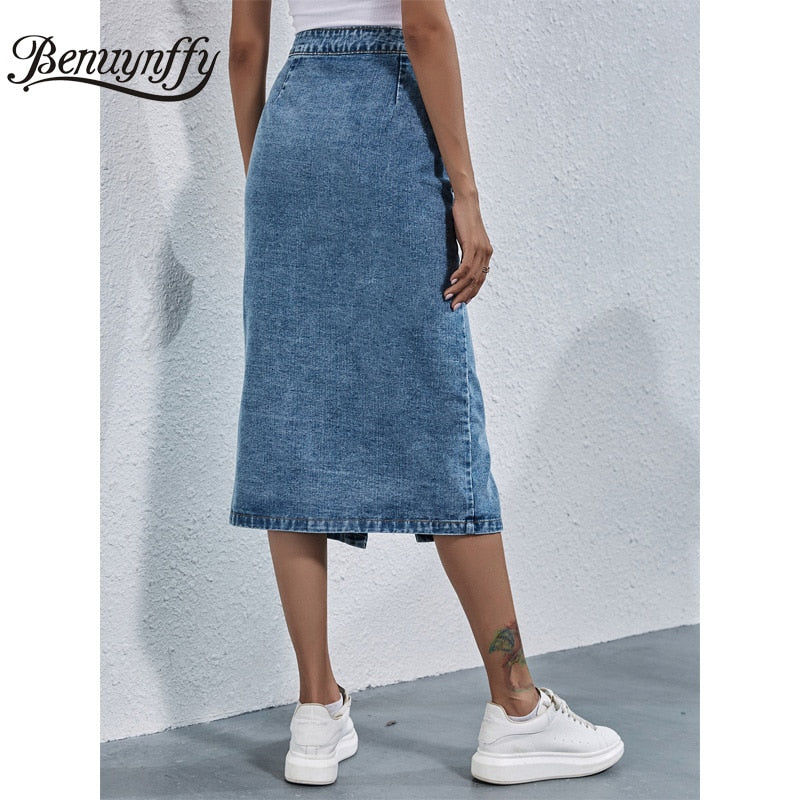 Einreihiger Knielanger Jeansrock für Damen