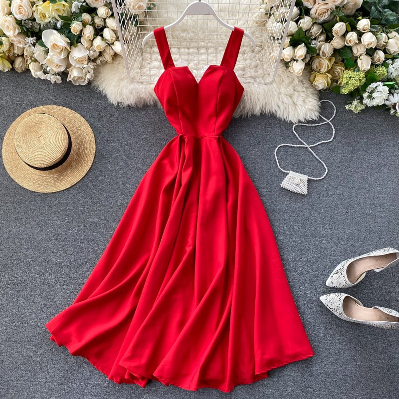 2023 Neue Frauen V-Ausschnitt Partykleid, Sommerkleid Retro Einfarbig