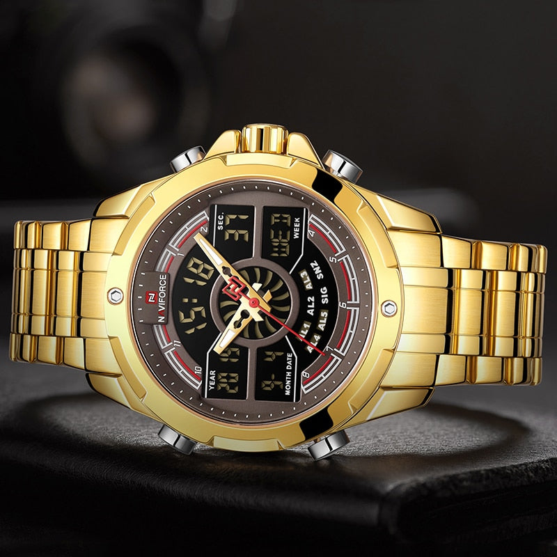 Quarz Militär Digitaluhruhr für Herren, LED Top Golduhr, Voll Stahl Armbanduhr