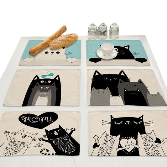 Leinen-Tischsets mit schwarz-weißem Katzendruck für Esstisch-Accessoires, Schüssel, Teller-Platzsets