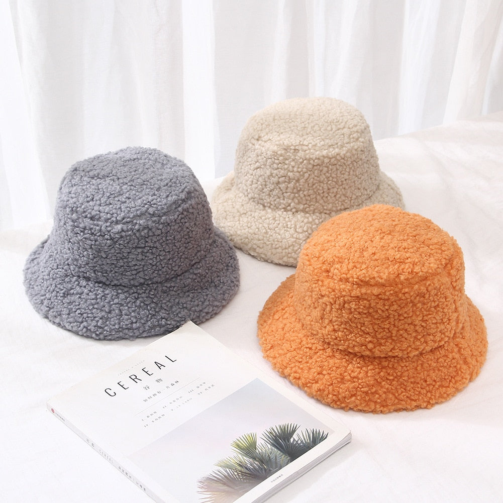Winter Women Hats Teddy Velvet Warm Ear Protector Fisherman Hat Accessories vintage Lamb Velvet Cap Lovely Plush bucket hat