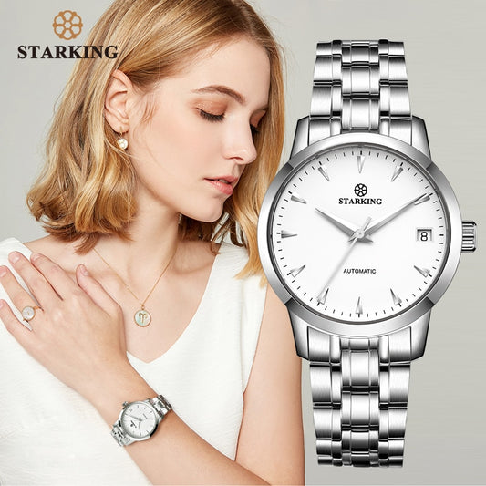 StarKing Klassische Frauen, Einfache Uhr Automatisch aus Edelstahl, Weißes Zifferblatt Armbanduhr, Auto Datum Damen Mechanisch Relogio Feminino