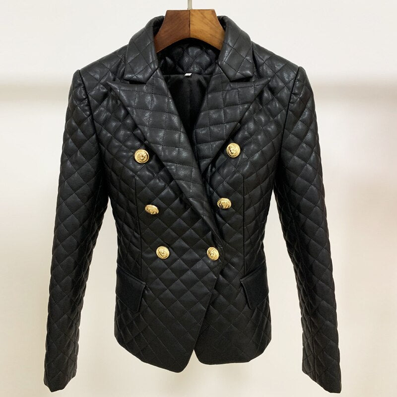 TOP QUALITÄT 2023 Damen Designerjacke Zweireihiger Löwe Knöpfe Gitter, Nähen Kunstleder Blazerst